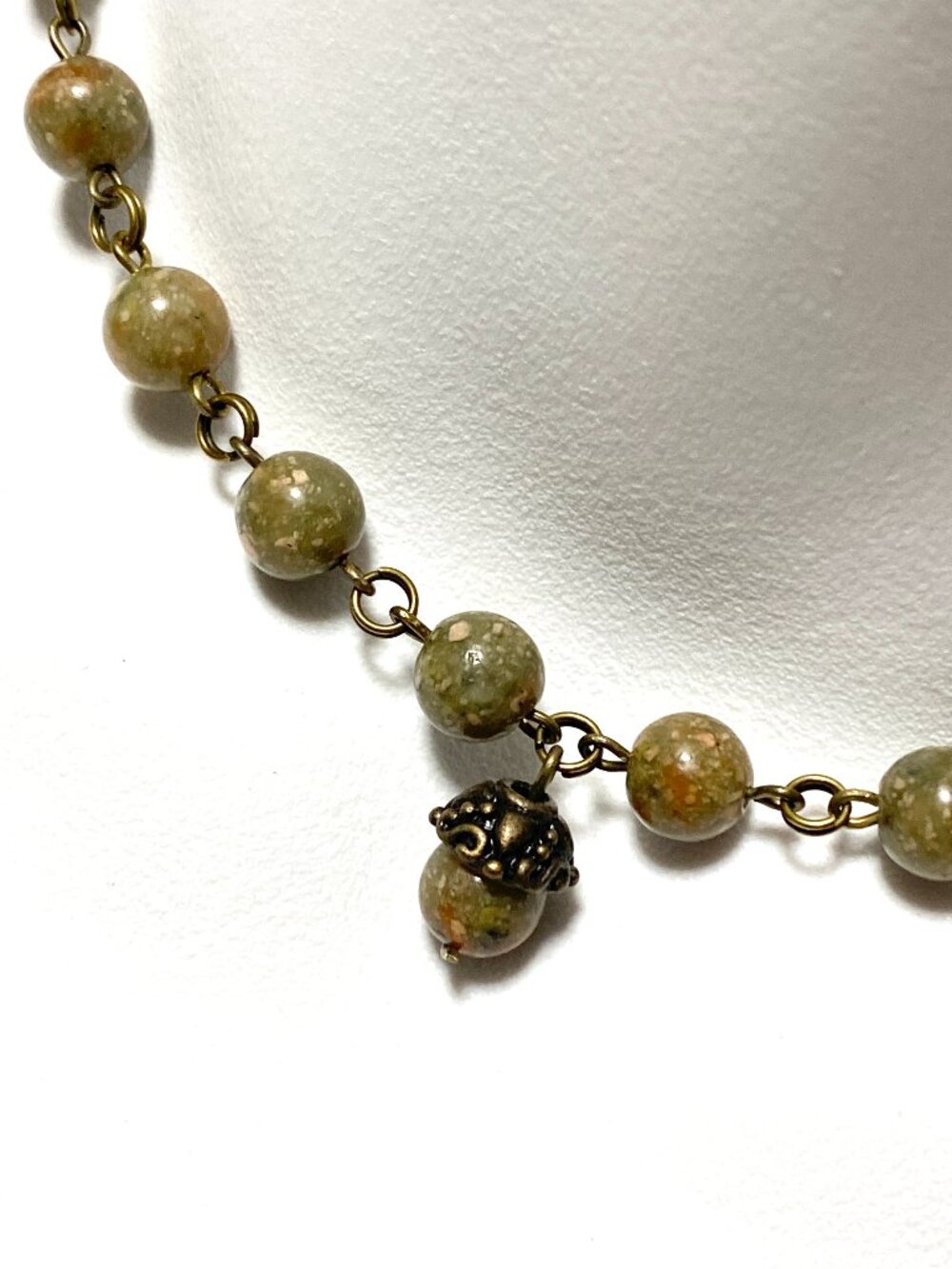 Natural Earthy Unakite Short Necklace, Gemstone & Bronze Acorn Pendant